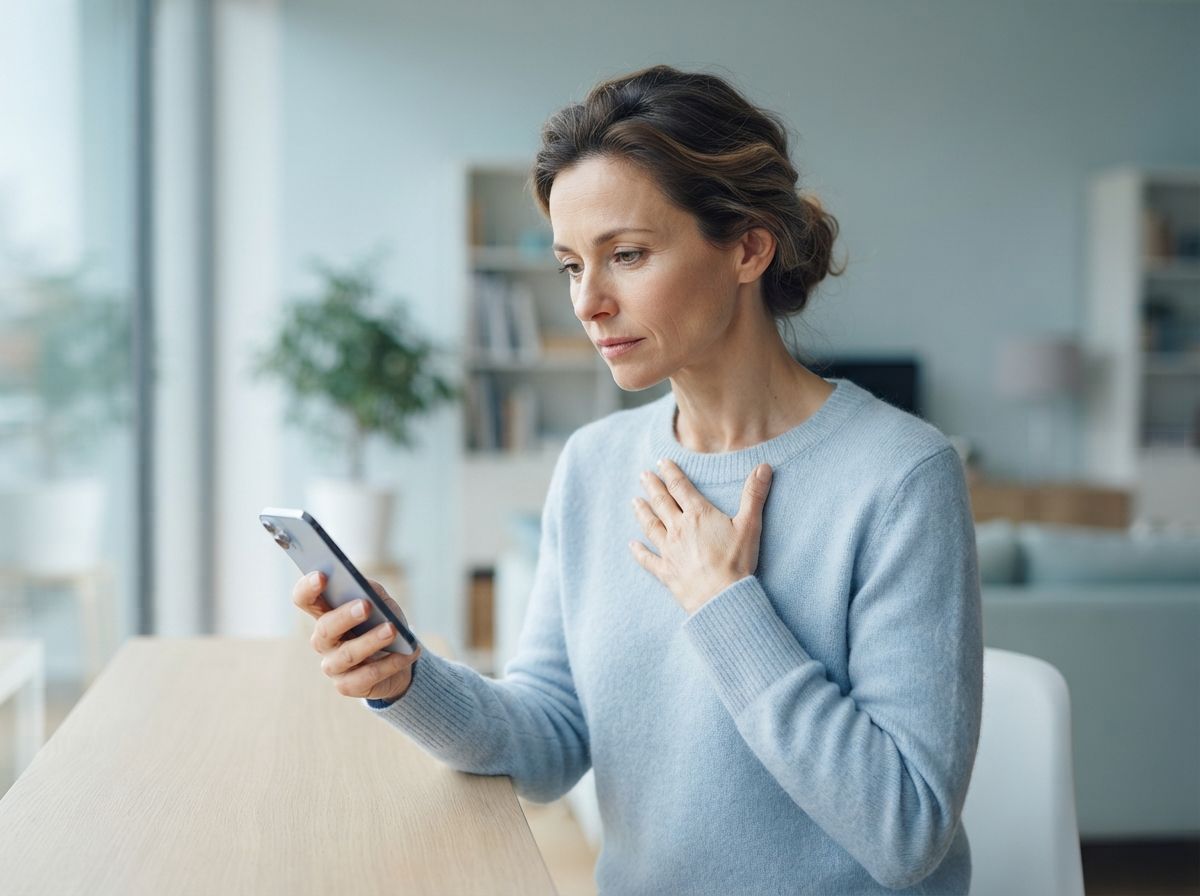 Лечение ипохондрии Женщина держится за грудь, глядя на телефон